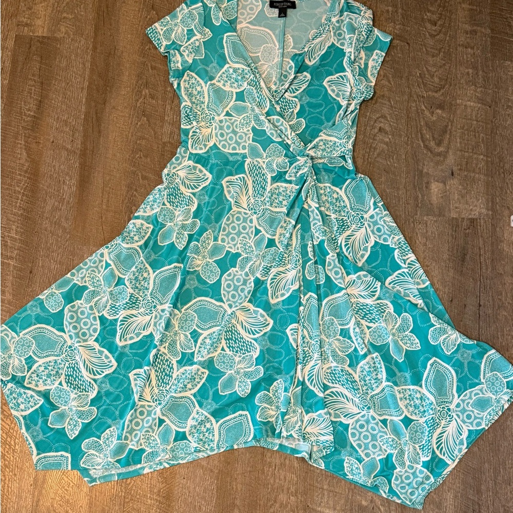 Perceptions Teal White Lace Faux Wrap Midi Dress Wedding Guest L - Picture 3 of 5